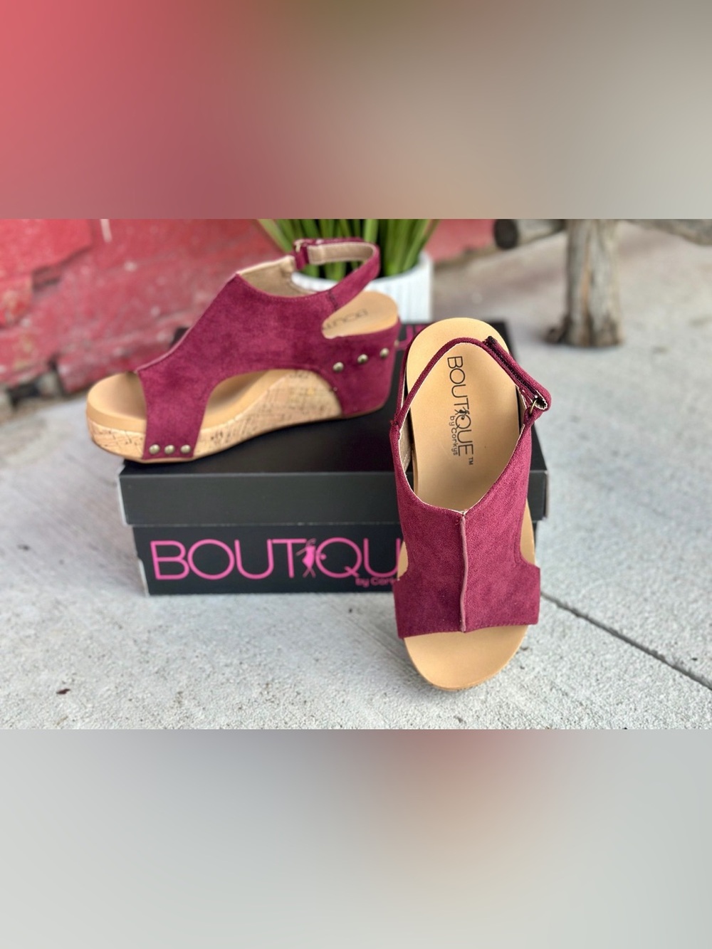 Corkys Carley Burgundy Suede Wedge Sandals